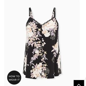 🆕BLACK FLORAL LACE TRIM BUTTON FRONT SWING CAMI